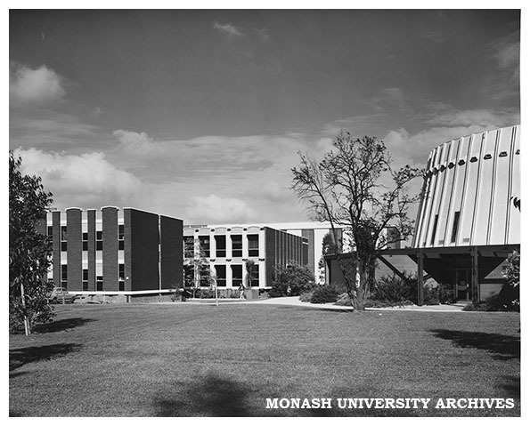 Administration buildings with Religious Centre at right, Clayton campus