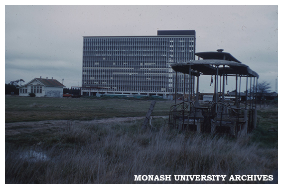 Menzies Building with tram car from Talbot Colony in foreground