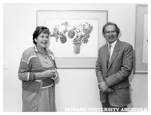 Artist Celia Rosser and Vice-Chancellor Professor Ray Martin at launch of exhibition of the Banksias series