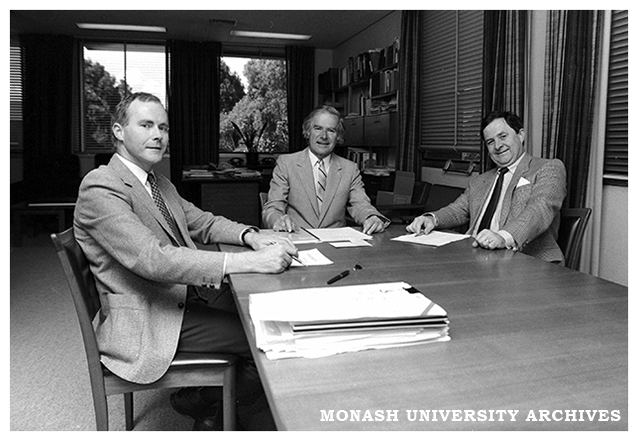 First Board meeting of Montech P/L with University Solicitor &amp; Montech Company Secretary Renn Wortley, Vice-Chancellor Ray Martin and Comptroller Peter Wade (left to right)