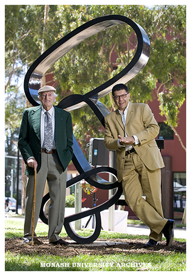 Jazz musician Graeme Bell and Albert Dadon with the Jazz Bell Sculpture, donated to the university