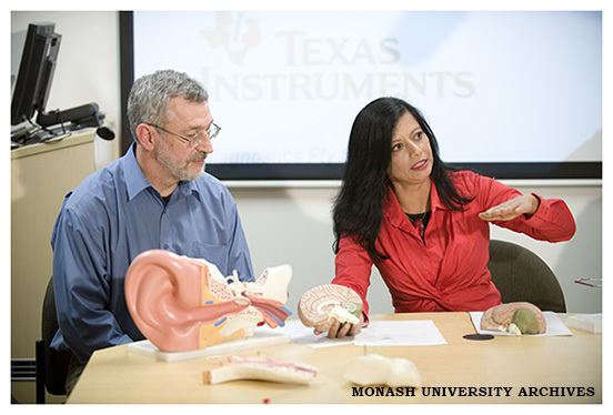 The launch of electrovestibulography, a diagnostic technique to detect neurological illnesses, invented by biomedical engineer Brian Lithgow, shown with Professor Jayashri Kulkarni, Director of the Monash Alfred Psychiatry Research Centre
