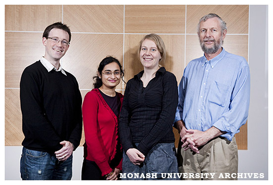 Professor Ray Norton (right) of the Monash Institute of Pharmaceutical Sciences with members of his team, Chris MacRaild, Parvathy Ashok and Marie Pedersen