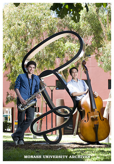 The unveiling of the Jazz Bell Sculpture, with music students Sam Hirschfelder (left) and Brendan Tsui