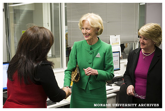 Her Excellency the Governor-General Quentin Bryce AC visiting the Gender, Leadership and Social Sustainability (GLASS) Research Unit, with Professor Margaret Alston (right)