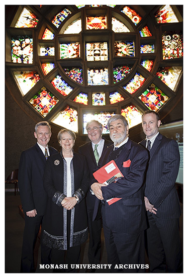 Professor Adam Shoemaker (Deputy Vice Chancellor Education) Cathrine Harboe-Ree, Vice Chancellor Professor Ed Byrne, Barry Jones and Nathan Hollier at event to launch Monash University Publishing