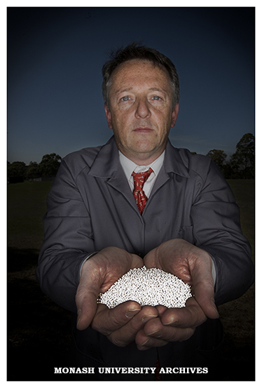Professor Paul Webley, Department of Chemical Engineering, with Zealot CO2 absorbent particles