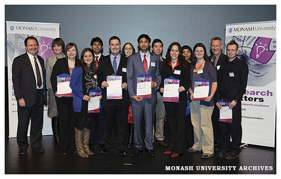 3 Minute Thesis finalists with Professor Peter Dixon, Professor Edwina Cornish and Professor Adam Shoemaker, 2010 Research Matters