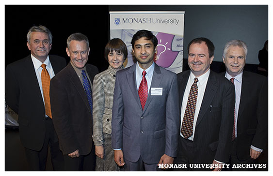 Winner of the 3 Minute Thesis, Bharat Saraf from the School of Business and Economics at Gippsland, with Professor Robert Willis, Professor Adam Shoemaker, Professor Edwina Cornish, Professor Peter Dixon and Professor Max King