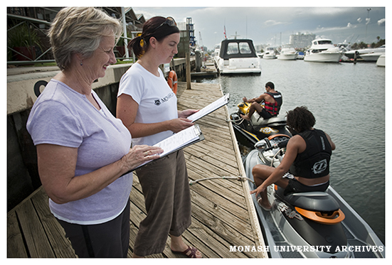 Erin Cassell and Narelle Hayes from the Monash University Accident Research Centre (MUARC) collect data relating to water safety