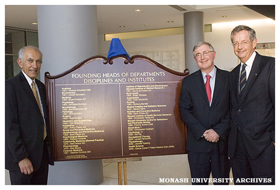 Professor David de Kretser, Professor Ed Byrne and Vice-Chancellor Professor Richard Larkins at unveiling of honour board in the Faculty of Medicine, Nursing and Health Sciences