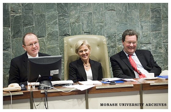 Minister for Foreign Affairs, Alexander Downer (right) on a visit to Monash, with Senior Deputy Vice-Chancellor Professor Stephen Parker and Professor Stephanie Fahey, Deputy Vice-Chancellor (International)