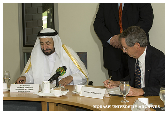 His Highness Sheikh Dr Sultan Bin Mohammed Al-Qassimi, Ruler of Sharjar, signing an agreement with Vice Chancellor Professor Richard Larkins