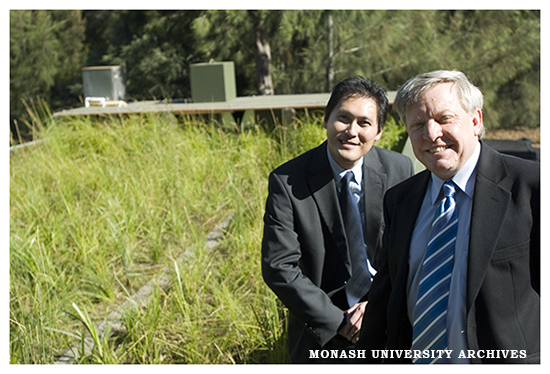Tony Wong, CEO of the Facility for Advancing Water Biofiltration, with MP Matt Viney, Victorian Parliamentary Secretary for Innovation and Industry at the official opening of a biofilter garden