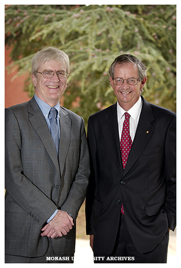 Richard Lambert, a leading UK financial expert and keynote speaker at the inaugural Monash University Partnership Dinner, with Vice Chancellor Professor Richard Larkins