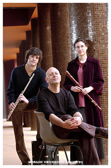 Members of re-sound, music students Rhys Richards and Katrina Dowling with artistic director and founder Dr Thomas Reiner