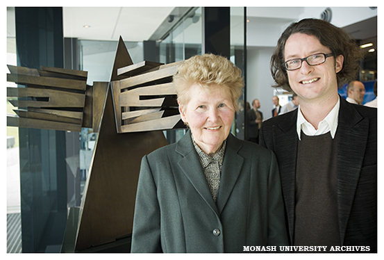 Mrs Laima Jomantas and MUMA Director Max Delany at the unveiling of the 'Sun Temple 1' sculpture by Vincas Jomantas, at the Australian Synchrotron