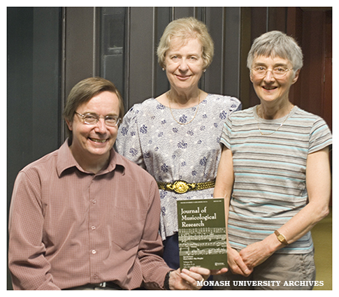 Professor Margaret Kartomi (centre) with Associate Professor Craig De Wilde and Dr Kay Dreyfus of the School of Music with an edition of Journal of Musicological Research on Ethnomusicology, published in honour of Prof Kartomi