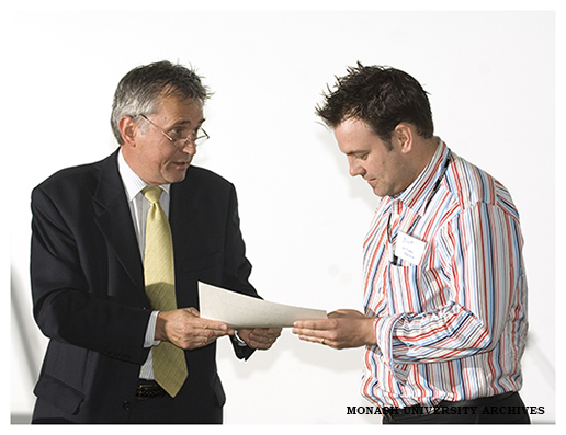 Professor Rob Willis and Brett Williams, winner of an award for excellence in online teaching from the HEPCIT (Higher Education Partnerships in Communication and Information Technology) committee