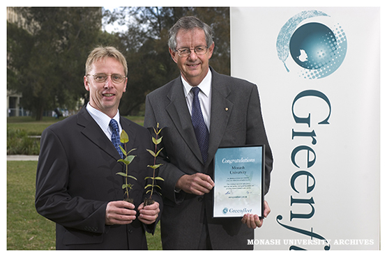Greenfleet representative Mr Leigh Curran with Vice Chancellor Professor Richard Larkins (right). Monash is the first Australian organisation to offset greenhouse emissions from air travel.