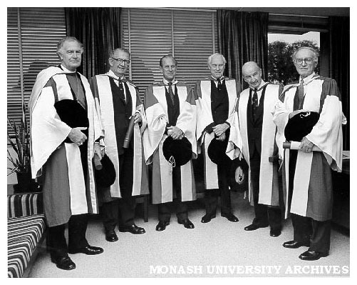 Silver Jubilee Graduation ceremony visitors. Bishop Peter Hollingworth (left); Mr H. M. McKenzie; Prince Philip, Duke of Edinburgh; Sir John Young; Emeritus Professor Sir Edward Hughes; and Sir James McNeill after the ceremony