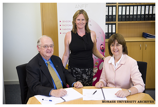 Dr Bob Frater, Chairman, and Rosie Hicks, CEO of the Australian National Fabrication Facility with Deputy Vice-Chancellor (Research) Prof Edwina Cornish at the signing of an agreement to establish the Melbourne Centre for Nanofabrication
