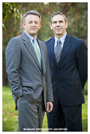 Professor Paul Webley of the Faculty of Engineering and Air Commodore John Harvey (right), who visited campus to discuss the role of researchers in the Joint Strike Fighter aircraft program.