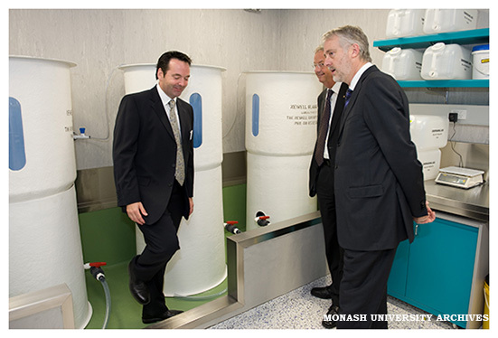 Professor Peter Currie, Vice Chancellor Professor Richard Larkins and Victorian Innovation Minister Gavin Jennings touring the zebra fish research facility in the Australian Regenerative Medicine Institute