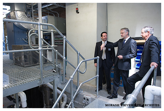Professor Peter Currie, Victorian Innovation Minister Gavin Jennings and Vice Chancellor Professor Richard Larkins touring the zebra fish research facility in the Australian Regenerative Medicine Institute