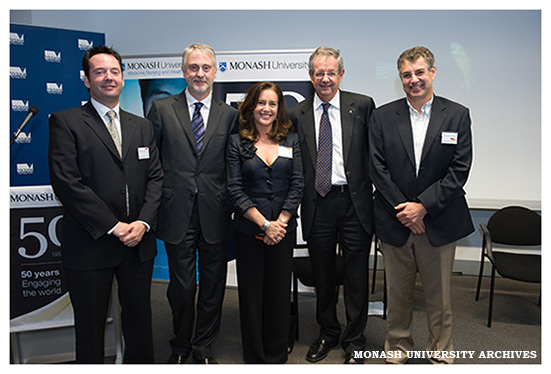 Professor Peter Currie, Victorian Innovation Minister Gavin Jennings, Professor Nadia Rosenthal, VC Richard Larkins, Professor Steve Wesselingh at opening of the zebra fish research facility in the Australian Regenerative Medicine Institute