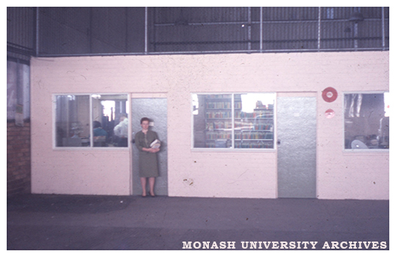 Anne Frazer in the Monash Library in the Volkswagon factory
