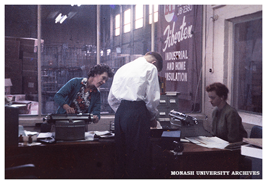 Myrtle Spottiswood, Murray Frazer and Anne Frazer in the Monash Library in Volkswagen factory