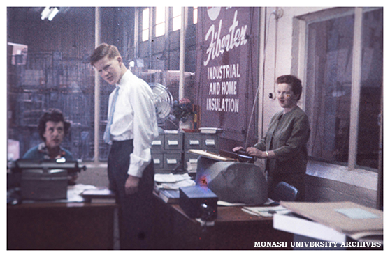 Myrtle Spottiswood, Murray Frazer and Anne Frazer in the Monash Library in the Volkswagon factory