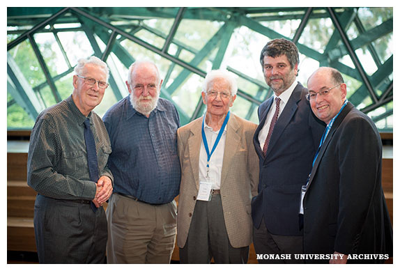 Current and former Heads of the Department of Microbiology (left to right) - Ron Bayly, John Davies, Emeritus Professor Solly Faine, Christian Doerig and Professor Julian Rood at an event celebrating its 50th anniversary