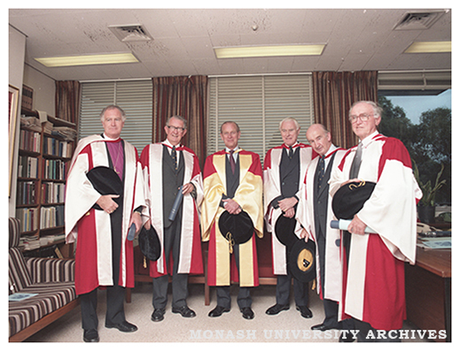 Silver Jubilee Graduation ceremony visitors (from left) Bishop Peter Hollingworth; Mr H. M. McKenzie; Prince Philip, Duke of Edinburgh; Sir John Young; Emeritus Professor Sir Edward Hughes and Sir James McNeill