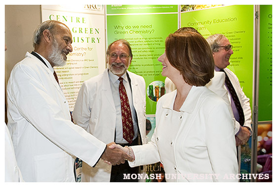 Deputy Prime Minister Julia Gillard with Professor Tam Sridhar, Professor Robert Norris and Professor Milton Hearn after announcing funding for the Green Chemicals Future initiative