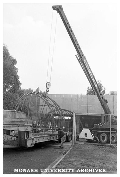 Removal of Monash Observatory dome from factory site to Mt Burnett