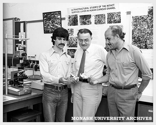 Dr Joe Palamara (left) Professor Bill Rachinger and Dr Prem Phakey examine a wombat skull.
