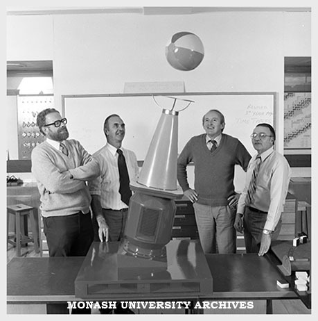 Dr Richard Gunstone, Ray Horan, Professor Richard White and Professor Bill Rachinger (left to right) with a joint Faculty of Education and Physics Department exhibit