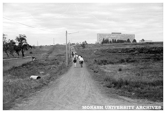The path to campus from north east halls; Menzies Building in the background