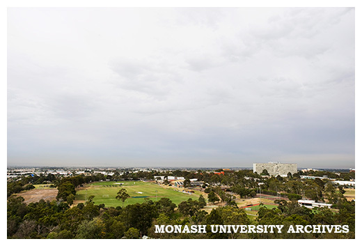 Raised view of Clayton campus from east encompassing sports field and Menzies Building