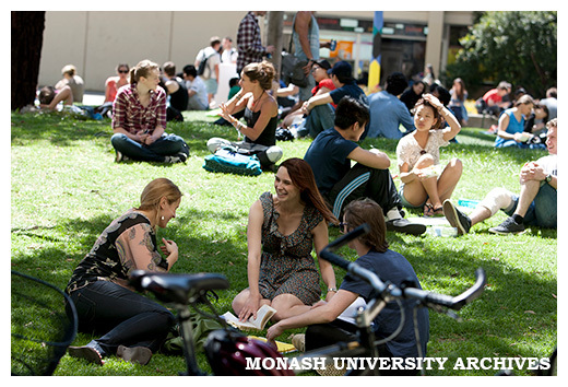 Students on Forum lawn with Campus Centre in background