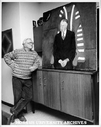 Artist Clifton Pugh with portrait of Sir George Lush