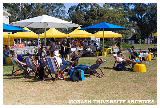 Market at Clayton campus - students relaxing on Lemon Scented Lawns