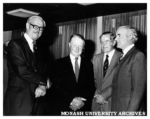 From left, Governor of Victoria Sir Rohan Delacombe, Chancellor Sir George Lush, Vice-Chancellor Professor Ray Martin, unknown.