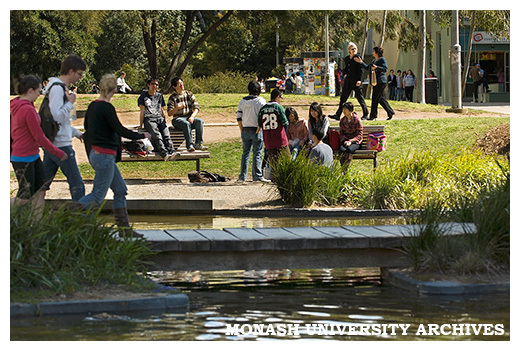 Students by pond in Forum