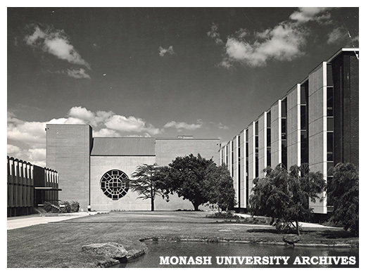 Forum looking towards Robert Blackwood Hall, with Matheson Library on right and University Offices on left