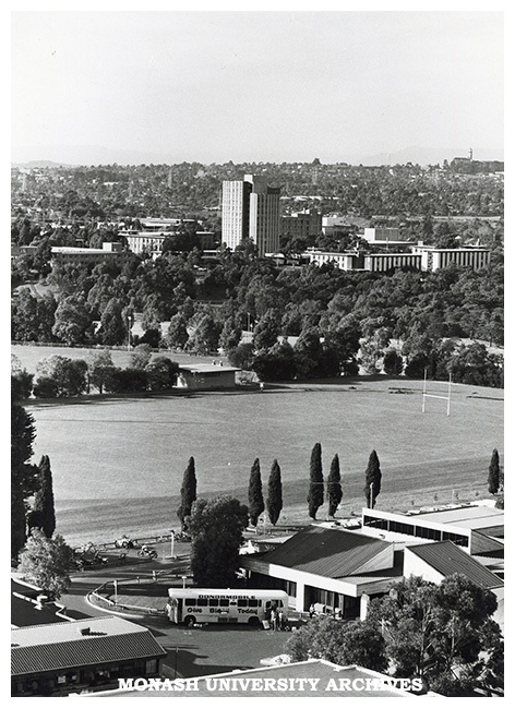 Raised view looking over sports fields to Halls of Residence