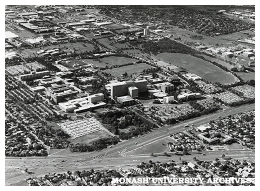 Aerial view of Clayton campus from south-west, including Wellington Rd and Dandenong Rd intersection