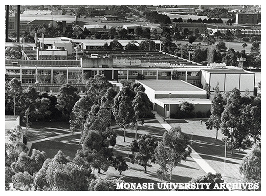 Raised view looking towards science lecture theatres and central science block